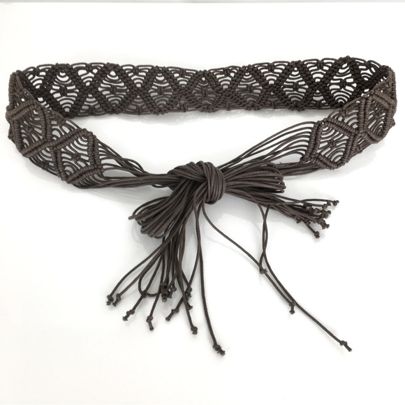 Women’s Boho Macrame Woven Fringe Statement Belt Tie Front Brown Coastal Cowgirl - Picture 1 of 9
